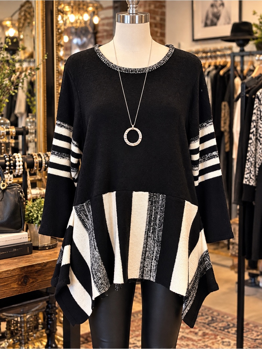 Kaktus Black & White Striped Knit Tunic
